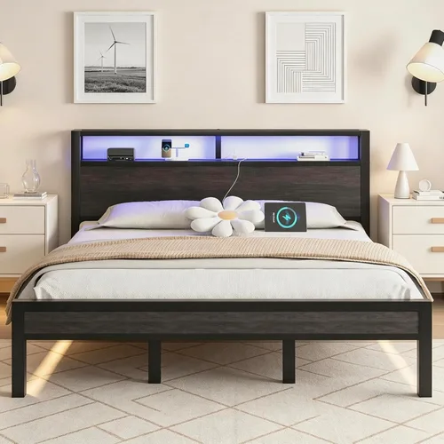 Miniatura 13 de LoVinson Full Size Bed Frame with Charging Station and LED Light, Metal Platform Bed with Storage Headboard, Noise Free, No Box Spring Needed, Easy