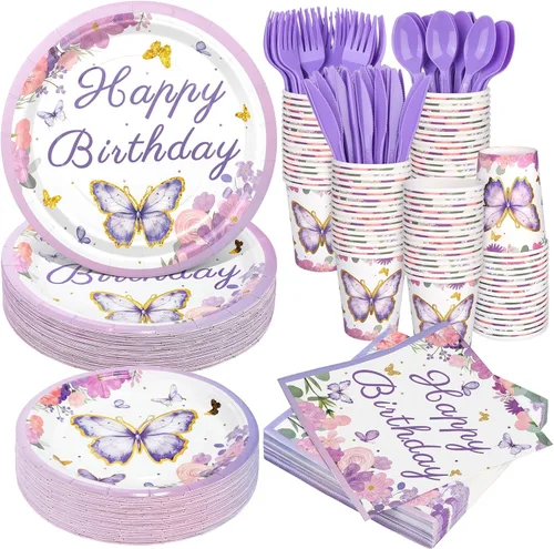 Miniatura 11 de Kochorie 400 piezas de decoraciones de fiesta de feliz cumpleaños, incluyendo platos de papel desechables, vasos, servilletas, juegos de vajilla que