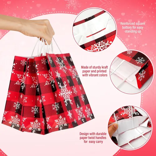 Miniatura 3 de Paquete de 32 bolsas de regalo de fiesta de copo de nieve de Navidad, bolsas de regalo a cuadros rojos y negros con tejido blanco, bolsa de papel