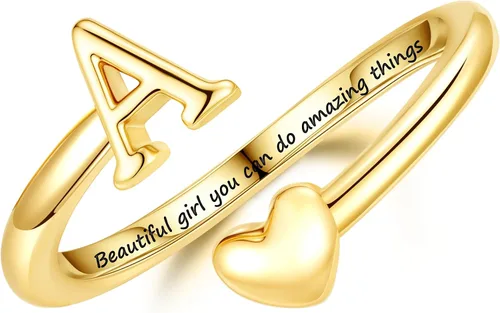 Turandoss Regalos para el día de San Valentín para adolescentes, anillos de oro para niños, chapados en oro de 14 quilates con inicial para letra A