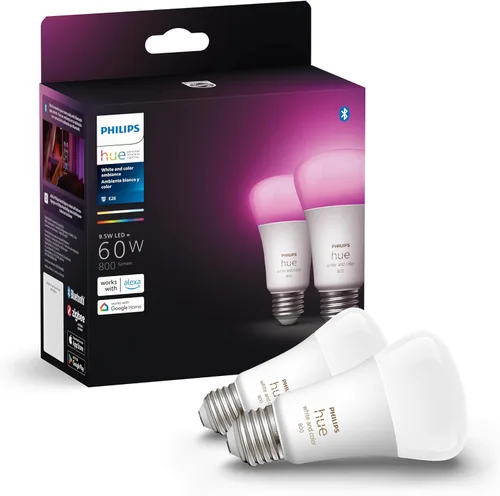 Philips Hue - Paquete de 2 bombillas LED A19, compatibles con Bluetooth y Zigbee (opcional Hue Hub), activadas por voz con Alexa y Google Assistant,