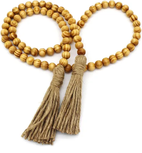 Miniatura 16 de CVHOMEDECO. Guirnalda de cuentas de madera con borlas, diseño rústico de granja, cadena de cuentas de oración para colgar en la pared, acento
