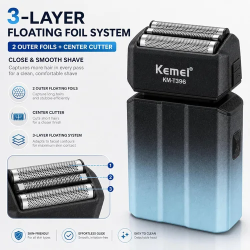 Miniatura 2 de Kemei KM-T396 - Afeitadora eléctrica para hombres con 3 cuchillas flotantes, afeitadora eléctrica inalámbrica recargable de 7500 RPM para hombre