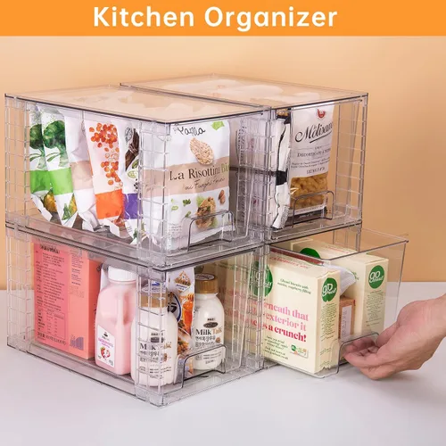 Miniatura 6 de Paquete de 2 cajones apilables grandes, organizadores de cajones de acrílico transparente con asas, fácil de montar para debajo del fregadero, baño