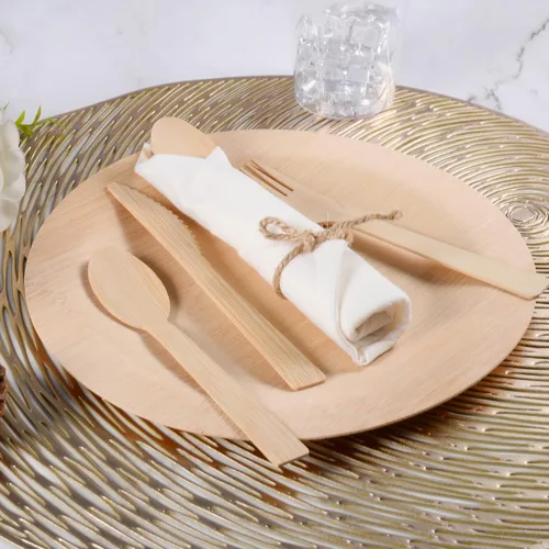 Miniatura 6 de Juego de servilletas y cubiertos de bambú preenrollados, paquete de 100 utensilios de bambú/cubiertos compostables
