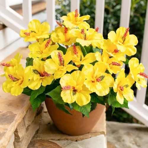 Miniatura 14 de HyeFlora Flores artificiales para exteriores, hibisco sintético, decoración exterior de verano, 4 paquetes de plantas artificiales tropicales