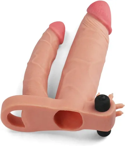 Miniatura 5 de Honeypleasures - Extensor de manga de doble pene de 1 pulgada extra y bucle de bola con estimulador vibratorio de clítoris, doble penetración DP