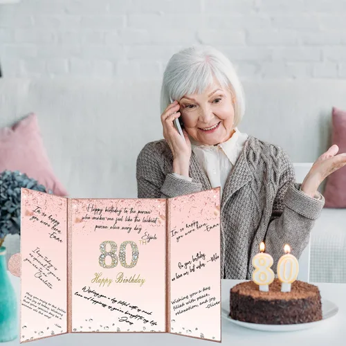 Miniatura 4 de Crenics Decoraciones de oro rosa para cumpleaños n.° 80, alternativa creativa de libro de inicio de sesión de invitada de 80 cumpleaños, libro