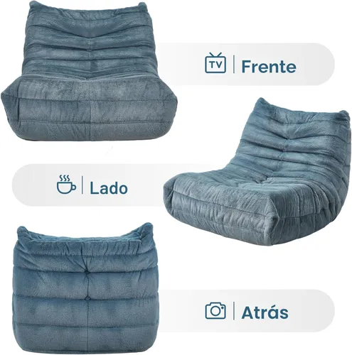 Miniatura 8 de Sillones tipo puf para adultos, puf gigante con espuma viscoelástica, sillón puf con relleno, piel sintética, para la sala, dormitorio u oficina azul