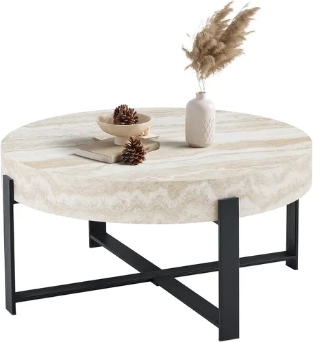 Miniatura 14 de LKTART Mesa de centro para sala de estar, mesas de centro redondas de madera con almacenamiento, mesa de té moderna de centro de metal para Marrón