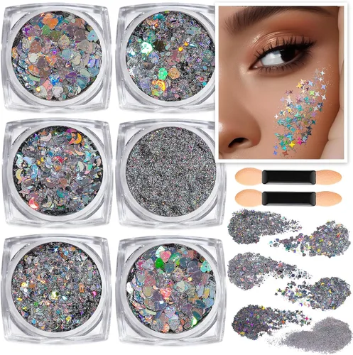 Miniatura 12 de Teenitor Purpurina para Cara y Cuerpo - Azul, Gel de Purpurina para Cabello, 6 Formas Purpurina de Maquillaje Festival para Cara, Cabello y Cuerpo