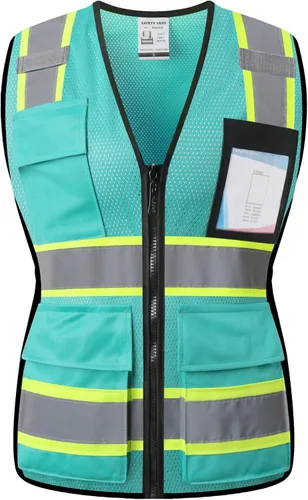 Miniatura 15 de Chaleco de seguridad para mujer, chaleco de alta visibilidad con 8 bolsillos y cremallera frontal, chaleco reflectante de malla que cumple