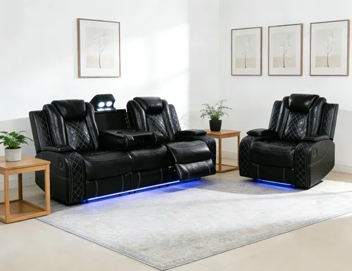 Miniatura 56 de Juego de Sofá Reclinable Eléctrico, Juego de Sofá y Sillón Reclinable de Cuero Negro, Juegos de Muebles de Sala de Estar, Sofá de Dos Plazas