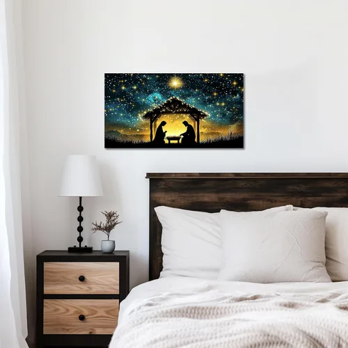 Miniatura 5 de TIMUBA Arte de pared de pesebre navideño, impresiones en lienzo de belén, imagen de póster cristiano de Jesús de noche estrellada, pintura