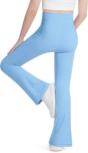 Miniatura 2 de HASMES Leggings acampanados para niñas con bolsillos, parte inferior acampanada, cintura alta, pantalones de yoga para danza, ropa deportiva