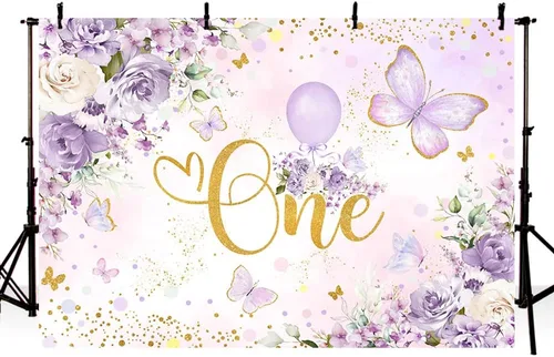 Miniatura 2 de MEHOFOND Telón de fondo de cumpleaños de un año para niñas de 7 x 5 pies, diseño floral morado, fondo de fotografía de Little Miss Onederful