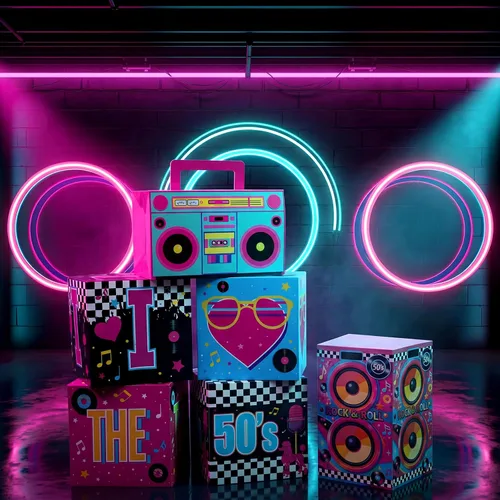 Miniatura 6 de Amyhill 6 piezas de decoraciones grandes de fiesta de los años 50, juego de recuerdos de hip hop, cajas de fiesta de papel, decoración temática