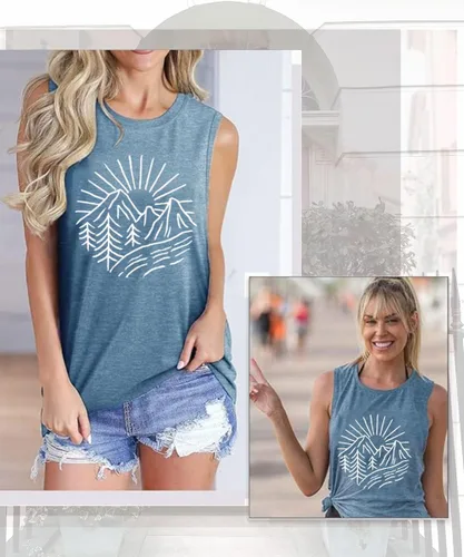 Miniatura 62 de Camisetas sin mangas de senderismo y montaña para mujer, divertidas camisetas de entrenamiento con gráficos de pino y amanecer, camisetas de verano