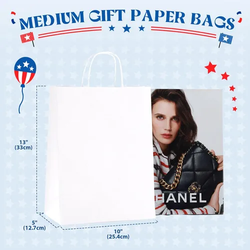 Miniatura 2 de Bolsas de papel blanco MESHA con asas 10x5x13 pulgadas, paquete de 50, grandes bolsas de regalo de papel kraft con asas a granel para pequeñas
