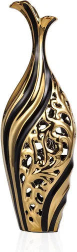 Jarrón de piso de 19 pulgadas de alto, jarrón de cerámica negro y dorado, jarrón decorativo de cerámica, jarrón único para hierba de pampas para el