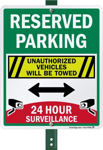 Miniatura 11 de SmartSign Letrero metálico de 18 x 12 pulgadas con texto en inglés «Reserved Parking – Unauthorized Vehicles Will Be Towed, 24 Hour Surveillance