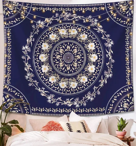 Lifeel - Tapiz bohemio azul para colgar en la pared, tapiz hippie de mandala, medallón floral con diseño de corona estética blanca, manta decorativa