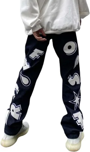 Harajuku - Jeans para hombre con letras estampadas, rectos, holgados, para otoño e invierno, jeans engrosados, jeans góticos