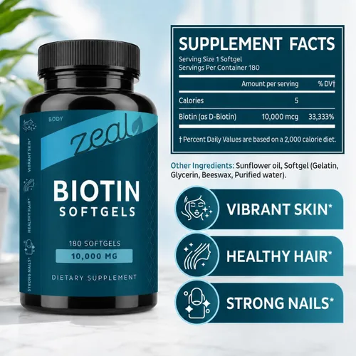Miniatura 2 de Zeal Biotin 10000mcg con cápsulas blandas de aceite de coco orgánico Suplemento de vitamina biotina Vitaminas para el cabello, la piel