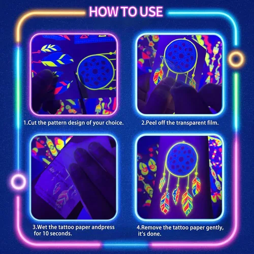 Miniatura 6 de Tatuajes que brillan en la oscuridad 172 PIEZAS – Suministros de fiesta que brillan en la oscuridad, pintura corporal de neón UV reactiva a la luz