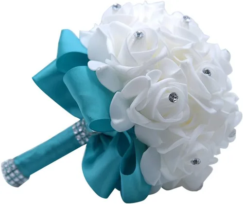 Miniatura 7 de S_SSOY Ramo de boda de cristal PE rosas para novia, dama de honor, flores de mano para fiesta, iglesia, día de San Valentín, azul marino