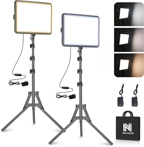NiceVeedi Paquete de 2 luces de fotografía de 25 W, anillo de luz regulable de 2900-7000 K con soporte para trípode, luz de video de estudio de 73