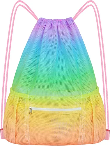 Mochila de malla con cordón, bolsa de gimnasio deportiva grande para mujeres y niños con bolsillo y cremallera para playa, yoga, fútbol, fútbol, Con
