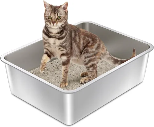 Miniatura 11 de Caja de arena de acero inoxidable con tapa, caja de arena de metal para gatitos, cajas de arena de entrada baja con pala y alfombra, caja de arena