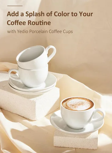 Miniatura 5 de Juego de tazas de café de porcelana con platillo, taza y platillo de porcelana blanca de 6 onzas para capuchino, café con leche, bebidas de café
