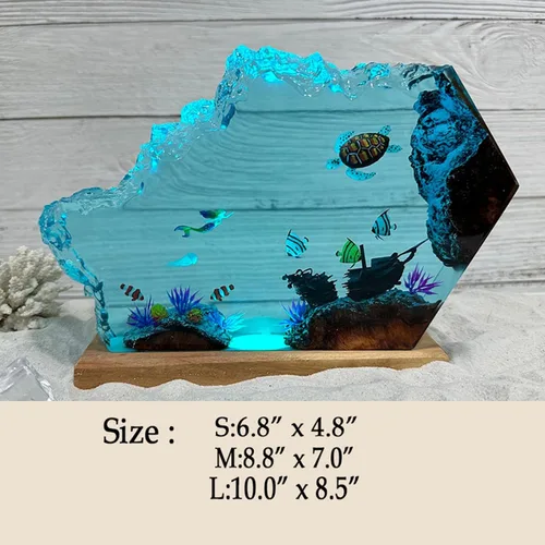 Miniatura 5 de Drawelry Lámpara creativa de luz de madera de resina epoxi, hecha a mano, con forma de onda profunda, lámpara de océano acuático profundo, buceador
