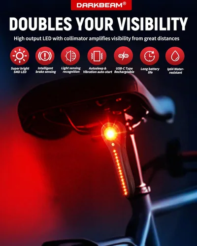 Miniatura 5 de DARKBEAM Luz trasera inteligente para bicicleta, con sensor de freno/luz, recargable USB-C, IP64 impermeable, 5 modos de luz, luz trasera