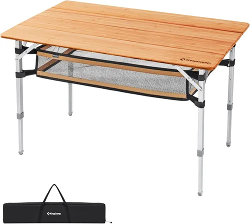Miniatura 9 de KingCamp Mesa de Bambú Plegable Mesa de Camping Ecológica con Patas de Aluminio de Altura Ajustable Resistente 4 Pliegues Mesas de Campamento