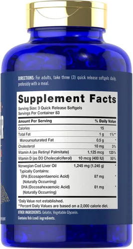Miniatura 2 de Cápsulas blandas de aceite de hígado de bacalao Carlyle 1245 mg 250 unidades Noruego Sin OMG, sin gluten