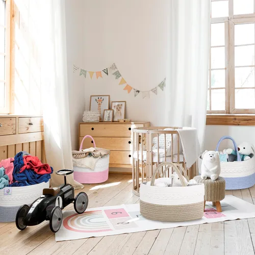 Miniatura 6 de KiddyCare Organizador de pañales tejido, cesta portátil multifuncional grande de color gris con asa, regalo de bebé para niños y niñas, Natural