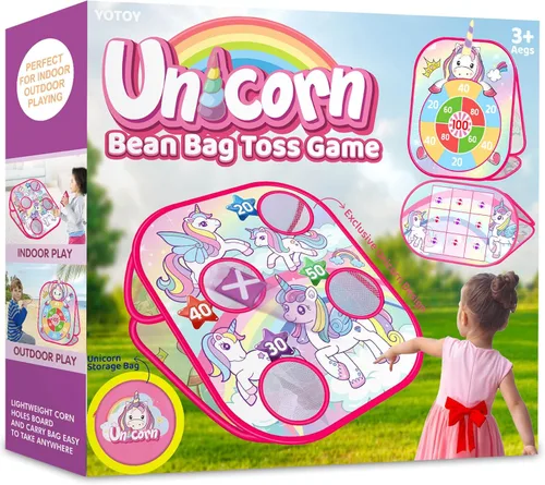 YOTOY Juego de lanzamiento de bolsas de frijoles para niños, juguetes al aire libre de 3 a 8 años: juegos de fiesta de unicornio, actividades de