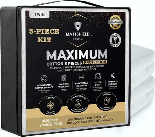 MATTSHIELD - Juego máximo de 3 piezas – Protector de colchón impermeable de rizo de algodón orgánico individual + 2 protectores de almohada –