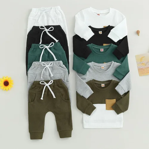 Miniatura 2 de Ropa de bebé niño de 0 a 3 años, sudadera con retazos de gofre, camisa y pantalones, traje de otoño e invierno