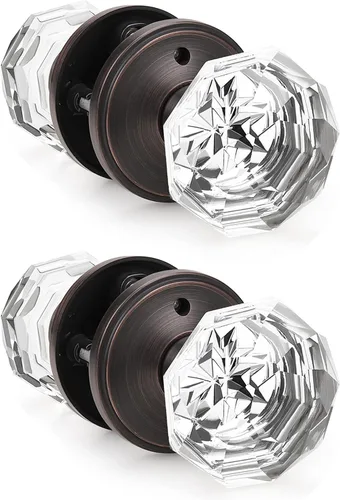 Miniatura 20 de Gobrico Pomo de puerta de cristal para dormitorio y baño con roseta clásica negro mate, diamante transparente octogonal para puerta interior, 1