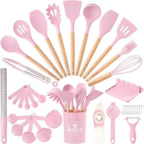 Miniatura 11 de Astercook Juego de utensilios de cocina, 39 piezas de utensilios de cocina de silicona con mango de madera, juegos de utensilios de cocina Crema