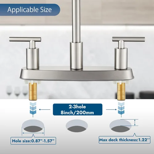 Miniatura 6 de Grifos de cocina, grifo de fregadero de cocina de arco alto con boquilla giratoria de 360°, 2 manijas, centro de 8 pulgadas, grifo de cocina RV