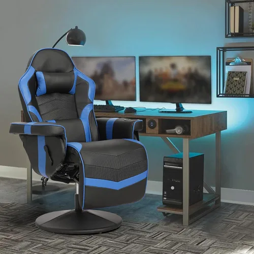 Silla para juegos, silla reclinable para juegos con reposapiés, silla de juegos de piel sintética reclinable con masaje, sillas reclinables Azul