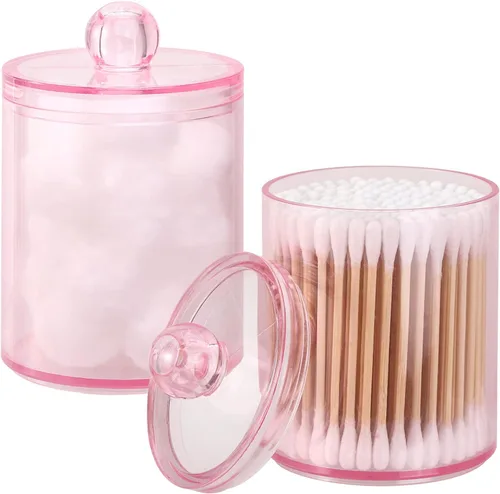 Tbestmax Paquete de 2 tarros de baño con soporte Qtip para hisopos de bolas de algodón, dispensador de almacenamiento, color rosa, 10 onzas