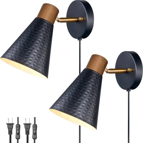 Juego de 2 apliques de pared negros enchufables modernos, lámpara de pared para dormitorio con cable de encendido/apagado, aplique de madera con