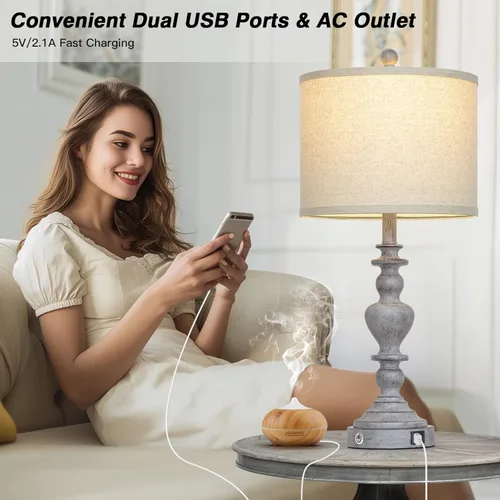 Miniatura 5 de 27" Tall Table Lamps for Living Room, 3-Way Dimmable Touch Control Farmhouse Vintage Table Lamps Set of 2 with USB C+A Ports and AC Outlets, Rustic