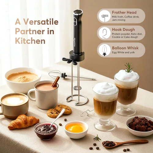 Miniatura 6 de FoodVille MF06 Espumador de leche recargable de 1800 Mah con 9 velocidades y 3 espumadores, pantalla LED, soporte de almacenamiento, para espuma